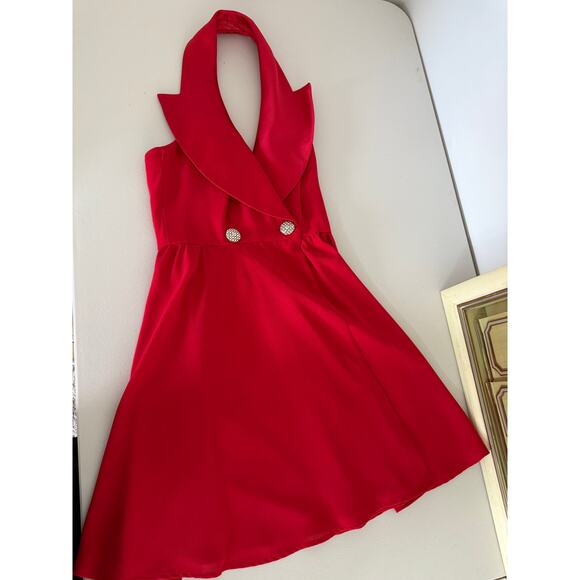 Vintage Vtg 80s 90s Huey Waltzer Red Satin Lapel Halter Cocktail Mini Dress US 2 - Picture 5 of 11